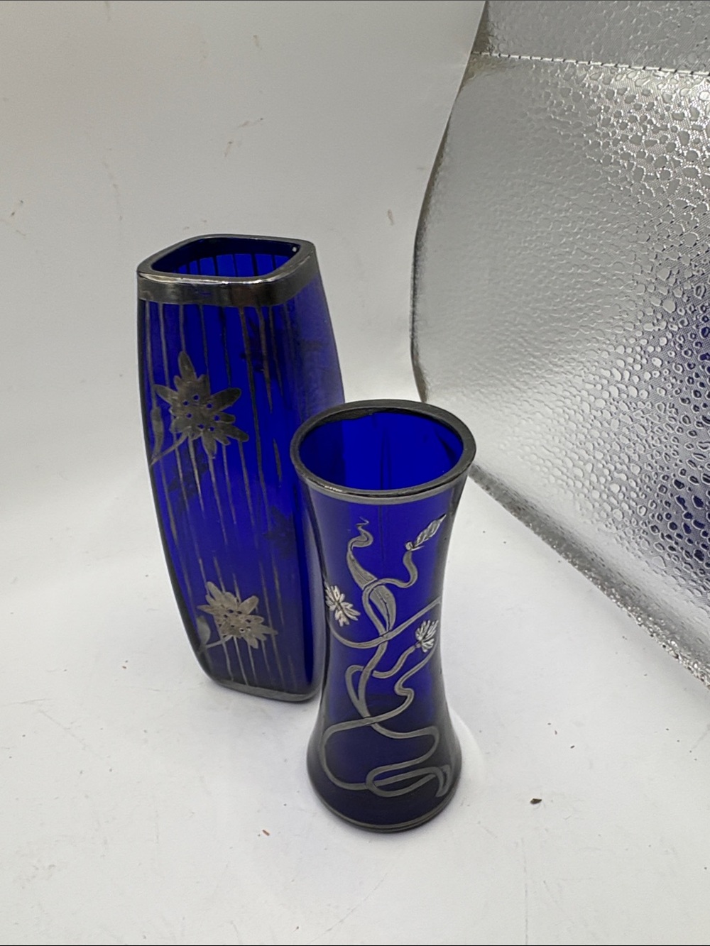 Silver Overlay Vases Art Deco - Cobalt Glass